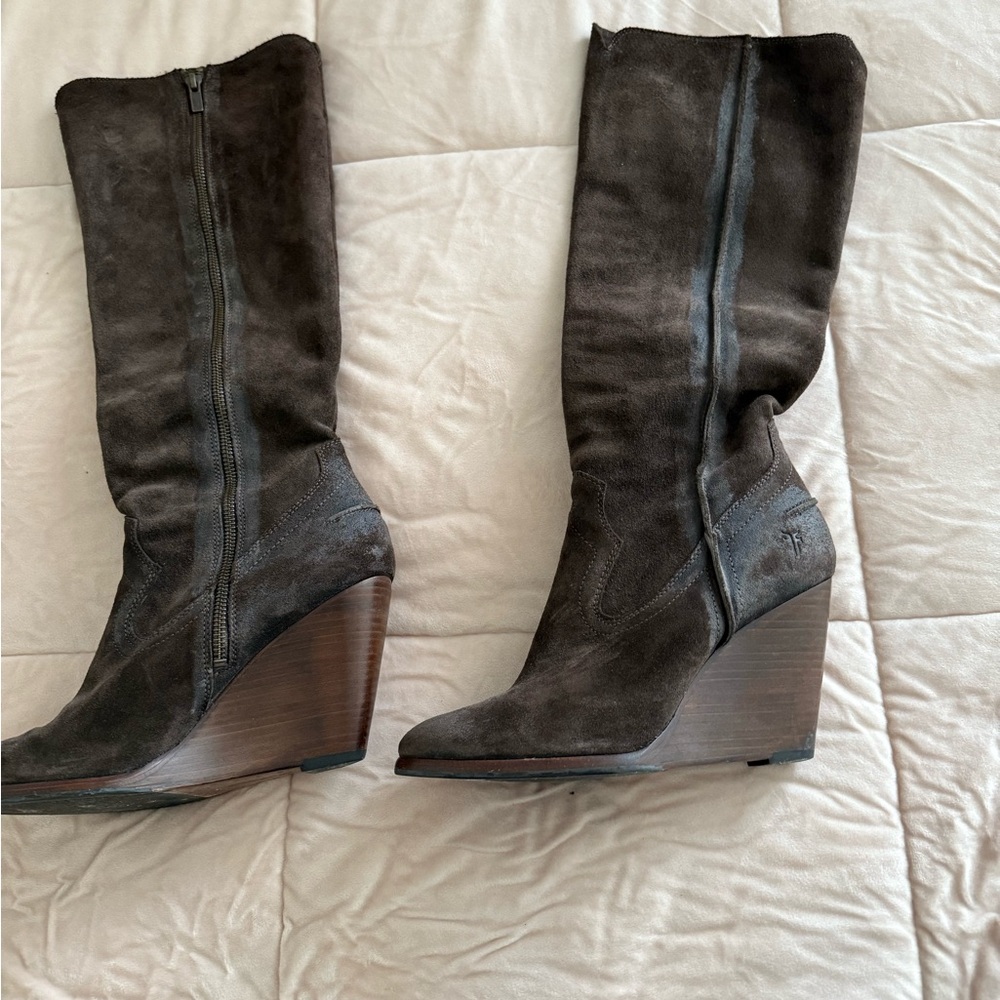 Frye cece seam tall wedge boots in brown Size 10 Used with marks, see photos